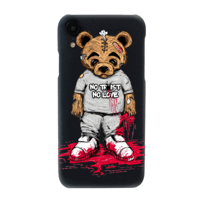 BLACK IPHONE COVER WITH PRINTED HEARTLESS BEAR GRAPHIC PRINTED AT FRONT.