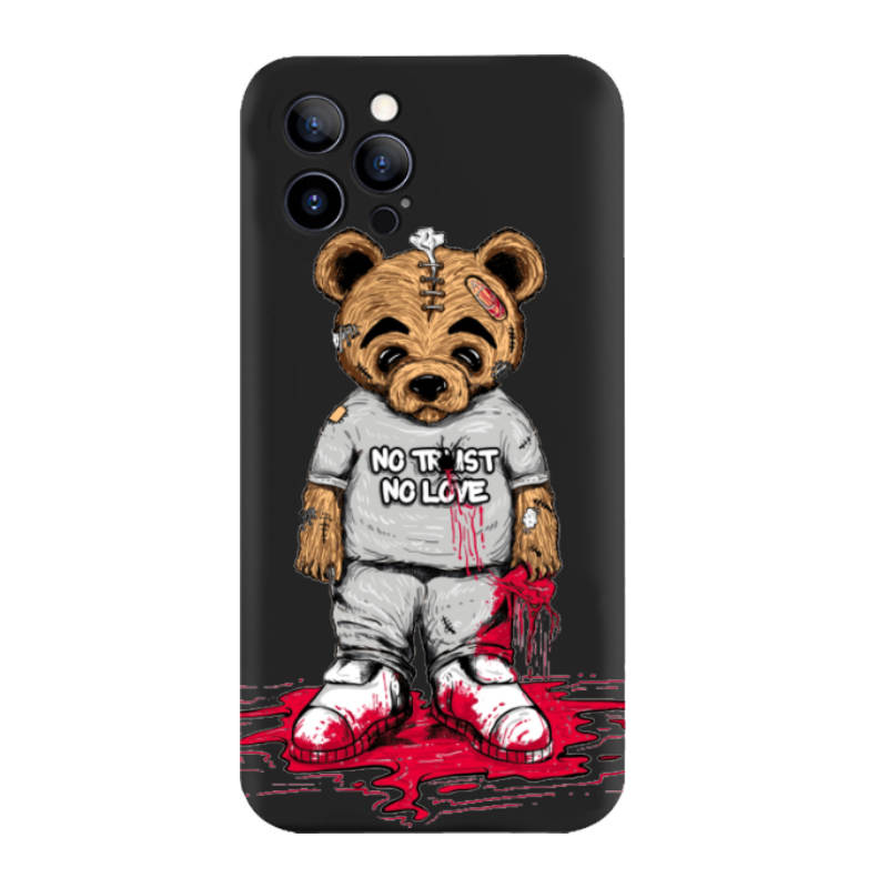 BLACK IPHONE COVER WITH PRINTED HEARTLESS BEAR GRAPHIC PRINTED AT FRONT.